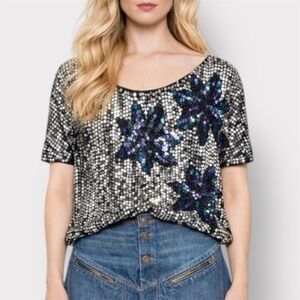 Vintage Black Silk Sequin Top With Beaded Floral Starburst Appliqué